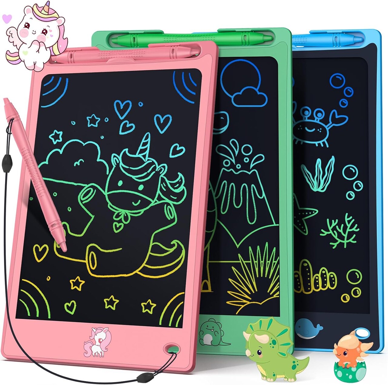 LCD Writing Tablet for Kids – 3 Pack, 8.8 Inch Drawing Pads (Pinkgreenblue)